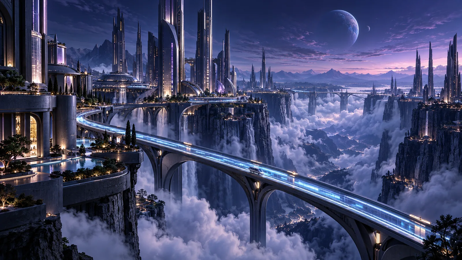 A vast imagined city rises through cinematic blue-violet atmosphere